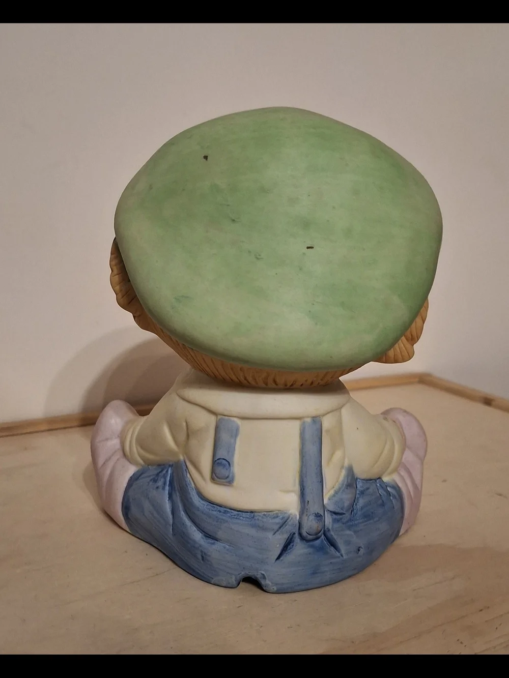 Vintage ceramic Interpur boy night light, green cap, blue overalls, works great